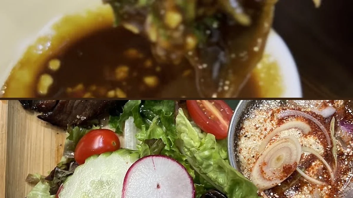 Close-up of street food-style dishes.